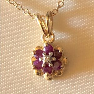 Dainty Ruby and Diamond Flower Necklace 18k over Sterling Silver
